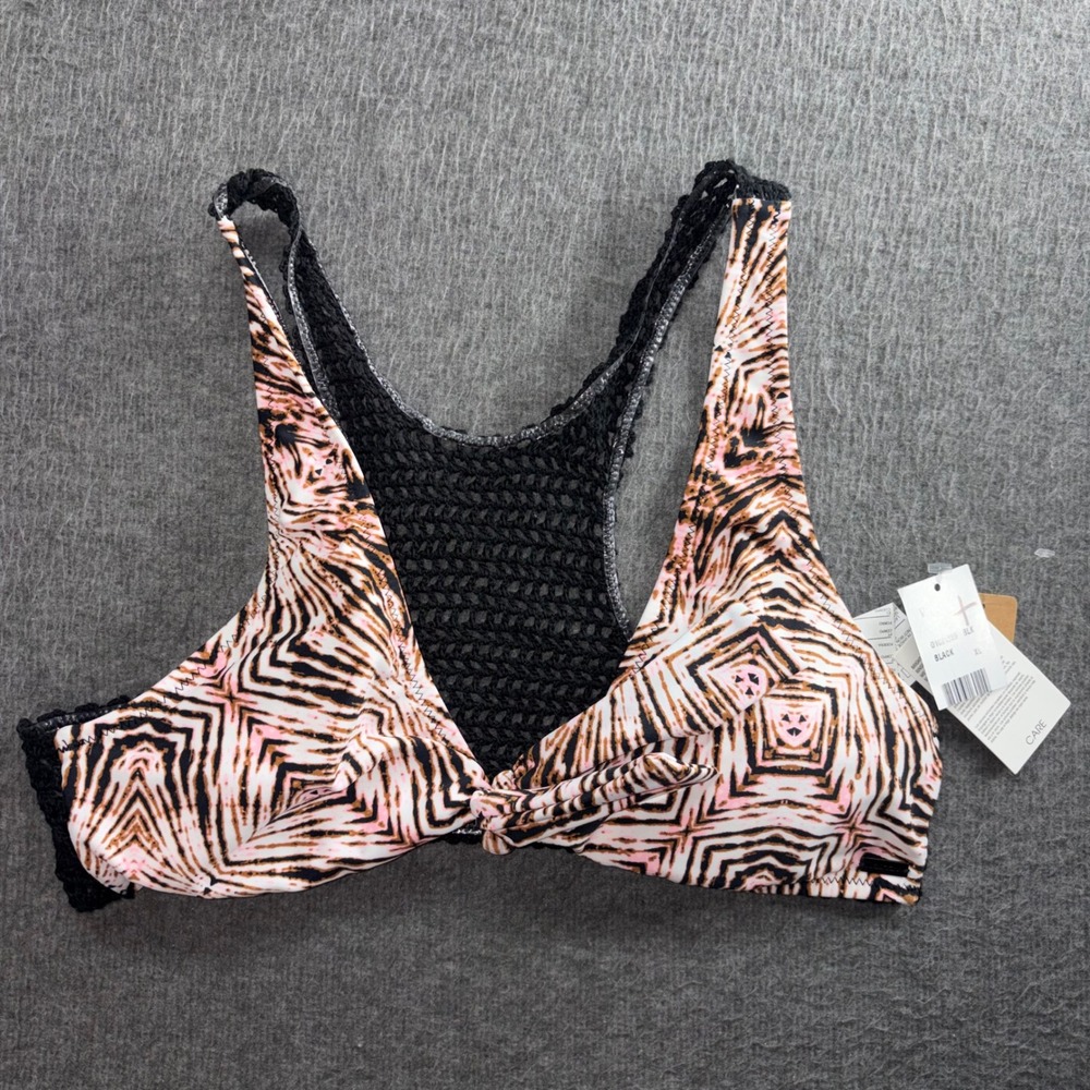 Volcom Womens Crochet Racerback Bikini Top Geometric Print Black Pink XL NWT